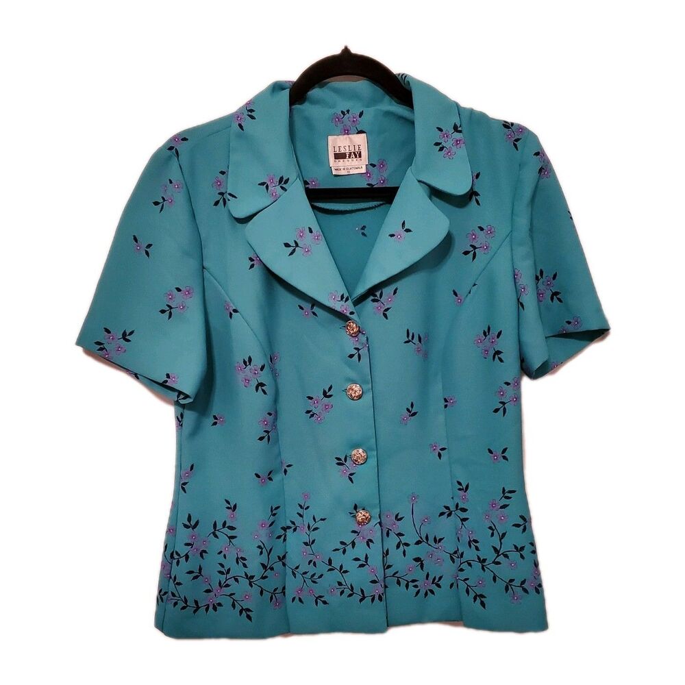 VINTAGE LESLIE FAYE DRESSES Blue Green Floral Blouse Cottagecore Buttons  10